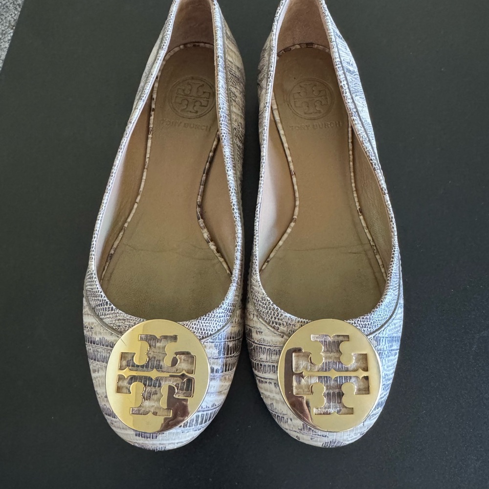 Tory Burch Gold and Tan Flats with Logo Emblem